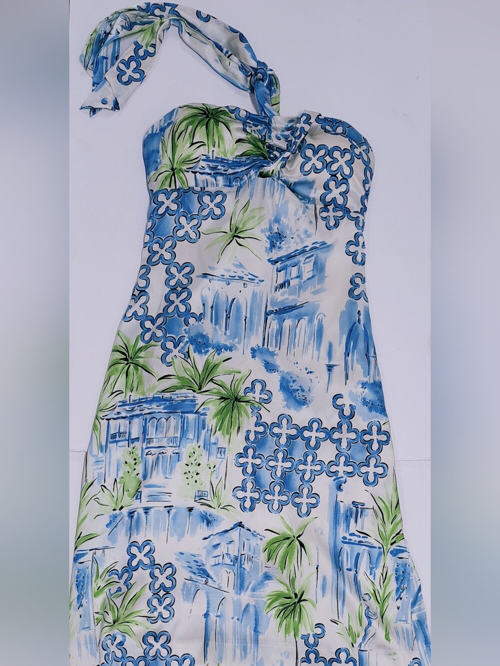 VTG Lilly Pulitzer Silk Halter Dress w Blue, White & Green Tropical Palms Sz 0